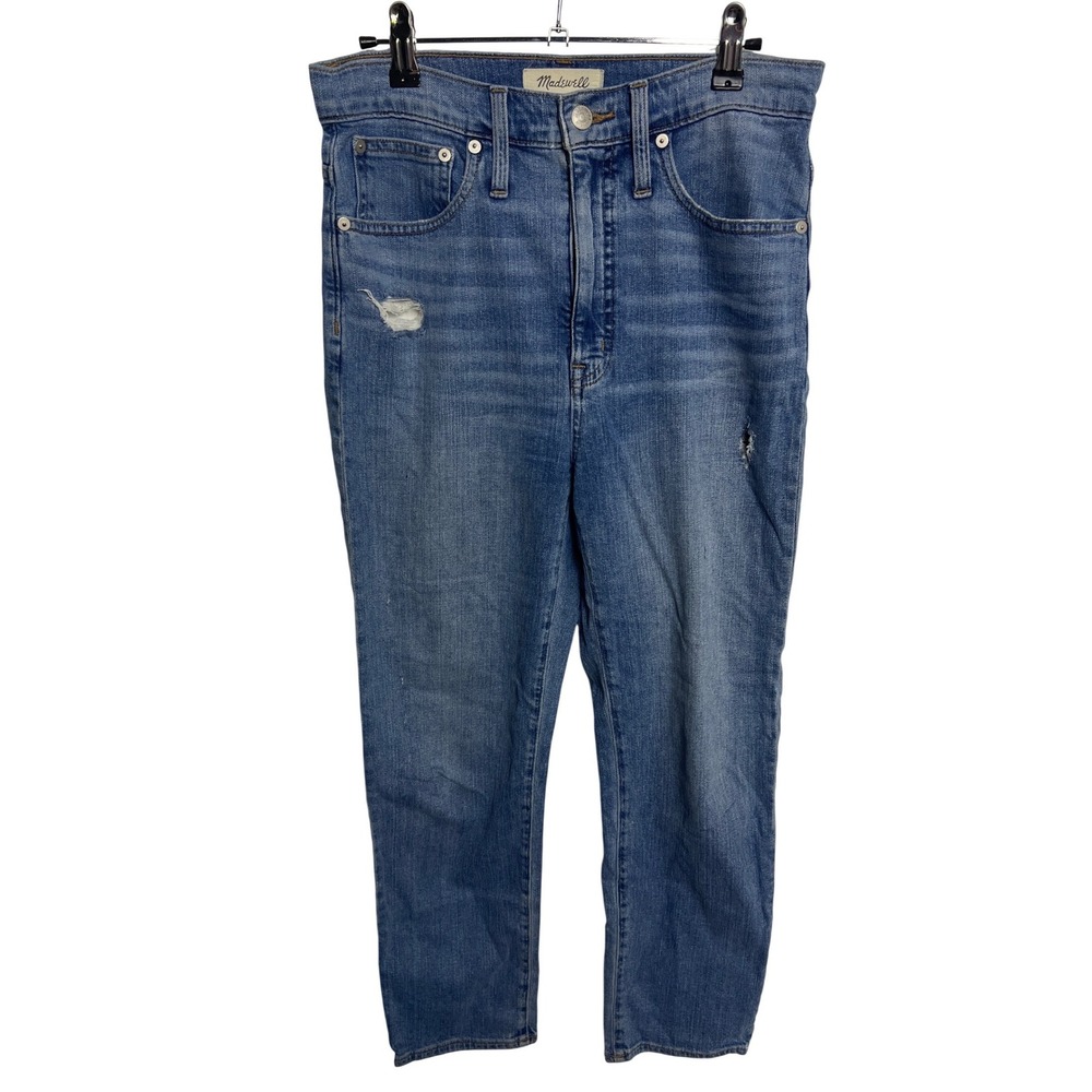 Madewell Classic Straight Jeans Med Wash Distressed High Rise 28 cropped Relaxed